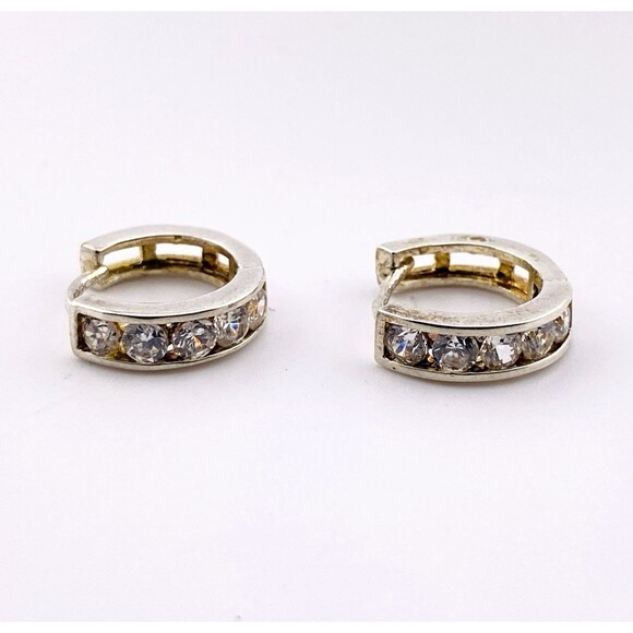 Silver Tone CZ Hoop Earrings Huggy Hoops 5/8" Diameter - Picture 4 of 5